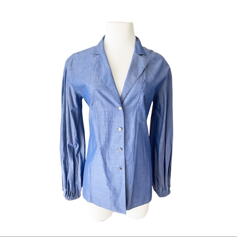 CHANEL Women’s Blouse Logo Buttons Balloon Sleeves Chambray Size 36